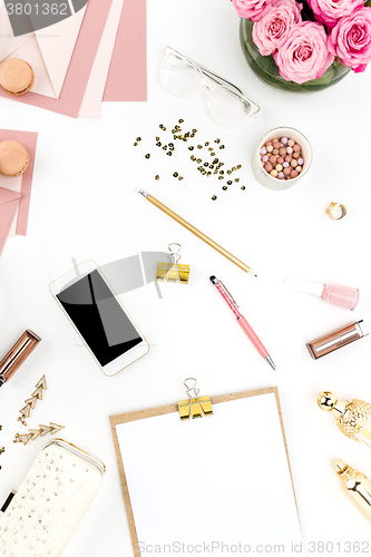 Image of Still life of fashion woman, objects on white