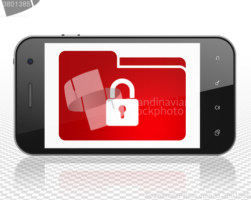 Image of Finance concept: Smartphone with Folder With Lock on display