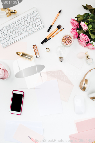 Image of Still life of fashion woman, objects on white