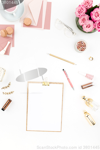 Image of Still life of fashion woman, objects on white