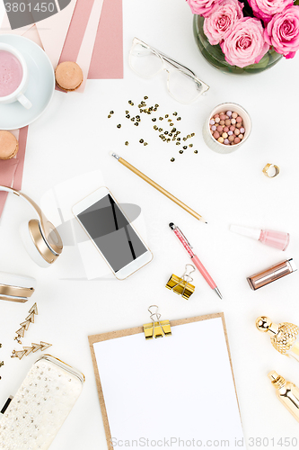 Image of Still life of fashion woman, objects on white