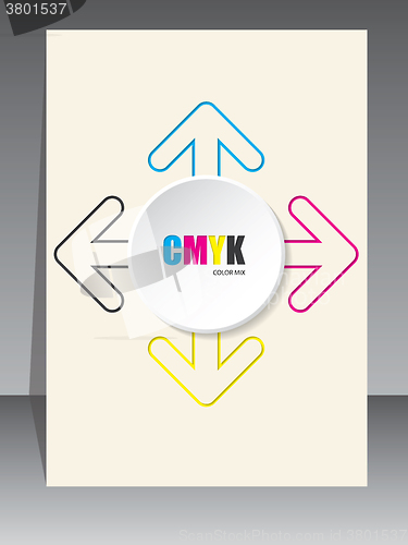 Image of Cmyk brochure with color arrow lines and white 3d circle