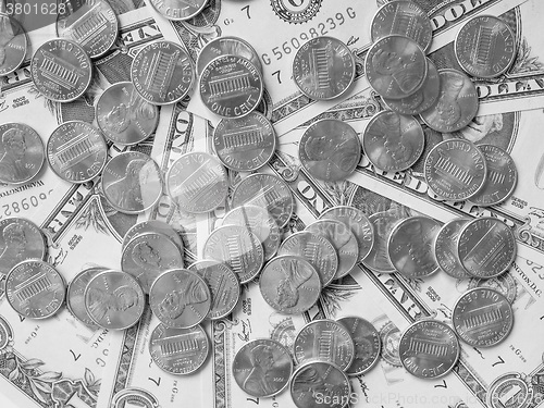 Image of Black and white Dollar coins and notes