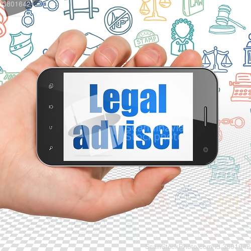 Image of Law concept: Hand Holding Smartphone with Legal Adviser on display