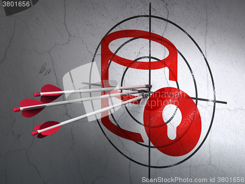 Image of Software concept: arrows in Database With Lock target on wall background
