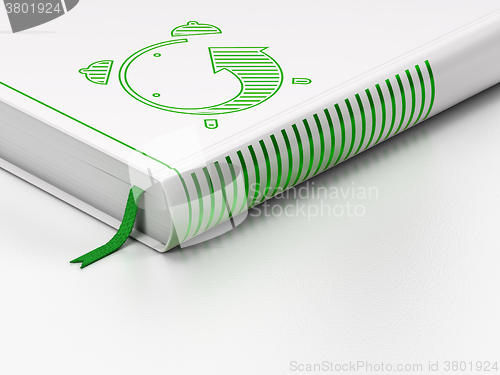 Image of Timeline concept: closed book, Alarm Clock on white background