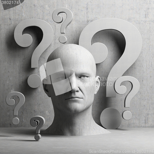 Image of Thinking man statue and question marks