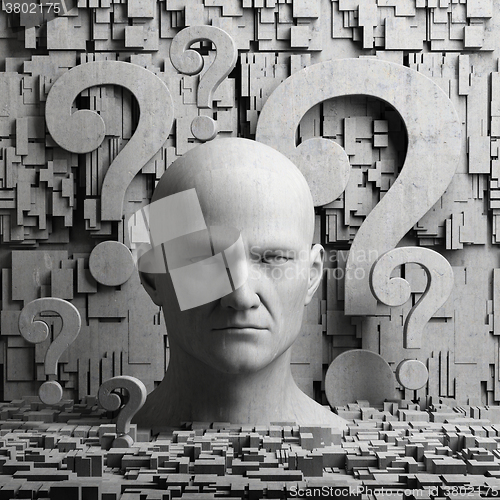 Image of Thinking man statue and question marks