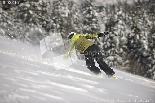 Image of snowboarder woman enjoy freeride on fresh powder snow