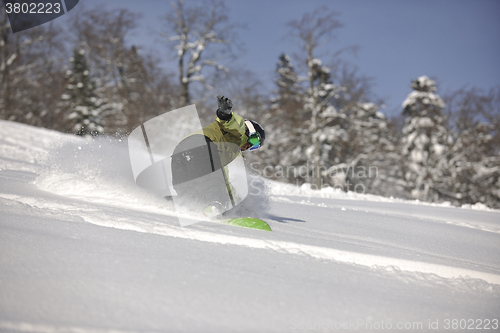 Image of snowboarder woman enjoy freeride on fresh powder snow