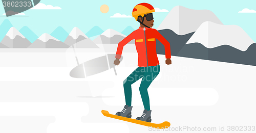 Image of Young woman snowboarding.