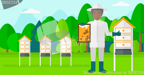 Image of Bee-keeper at apiary.