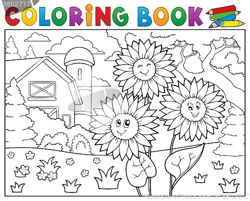 Image of Coloring book sunflowers near farm