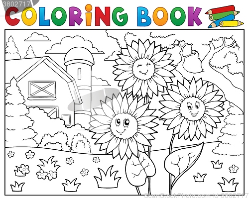 Image of Coloring book sunflowers near farm