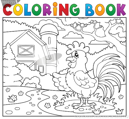 Image of Coloring book rooster near farm