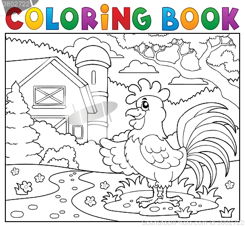 Image of Coloring book rooster near farm