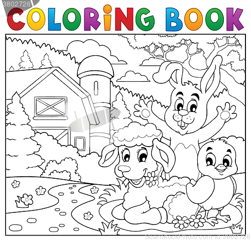 Image of Coloring book happy animals near farm