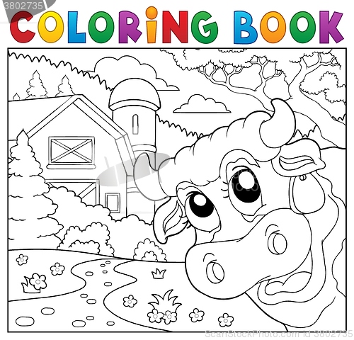 Image of Coloring book lurking cow near farm