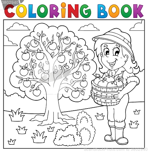 Image of Coloring book girl with collected apples