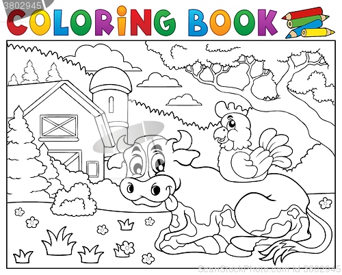 Image of Coloring book cow near farm theme 3