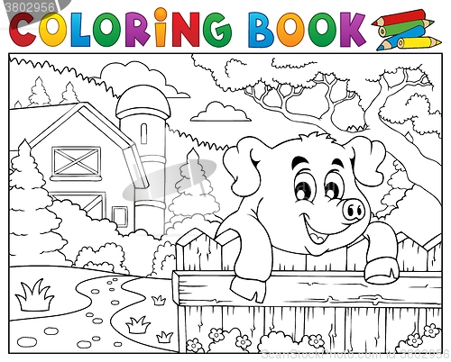 Image of Coloring book pig behind fence near farm
