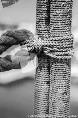 Image of Blocks and rigging at the old sailboat, close-up