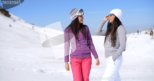 Image of Two attractive women friends at a ski resort