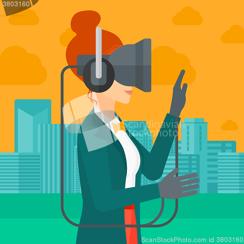 Image of Woman wearing virtual reality headset.