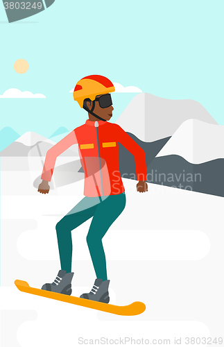 Image of Young woman snowboarding.