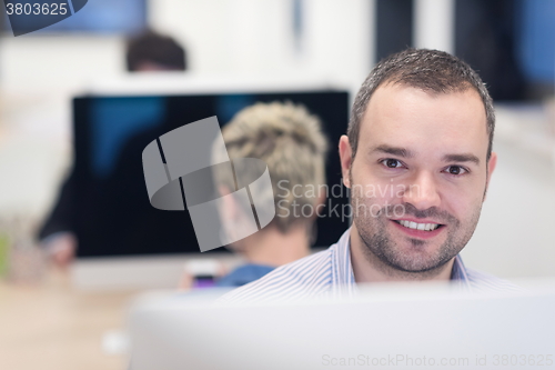 Image of startup business, software developer working on desktop computer