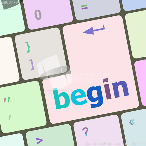 Image of begin word on keyboard key, notebook computer button vector illustration