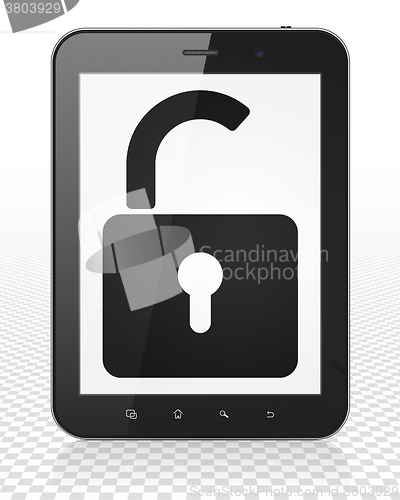Image of Information concept: Tablet Pc Computer with Opened Padlock on display