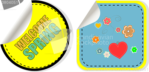 Image of Welcome Spring Holiday Card. Welcome Spring Vector. Welcome Spring web button isolated on white. Spring Holiday Graphic. Welcome Spring Art. Spring Holiday Drawing