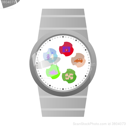 Image of Smart watch with apps icons isolated on white