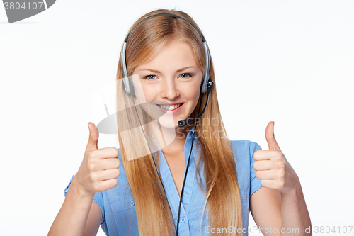 Image of Woman support phone operator in headset