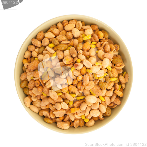 Image of Fresh mixed salted nuts in a bowl, peanut mix