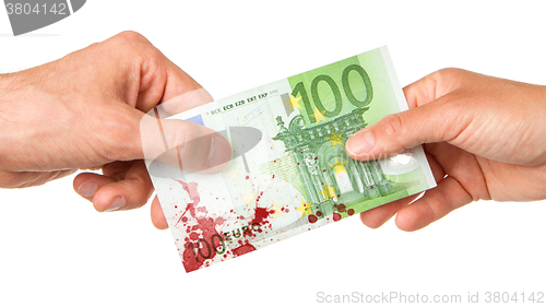 Image of Man giving 100 euro to a woman, bloody