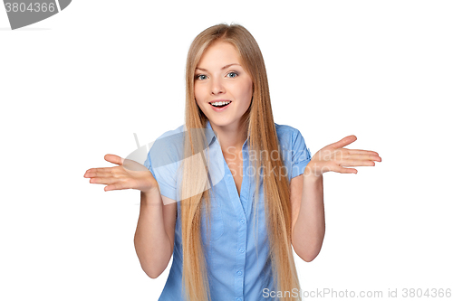 Image of Woman shrugging her shoulders in surprise