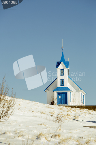 Image of Blue and white church at the countryside, North Iceland