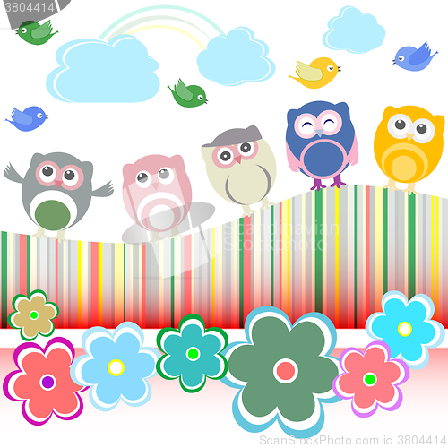 Image of owls, birds and flowers - holiday card vector background
