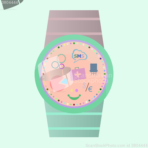 Image of Smart watch with flat icons. Vector illustration.