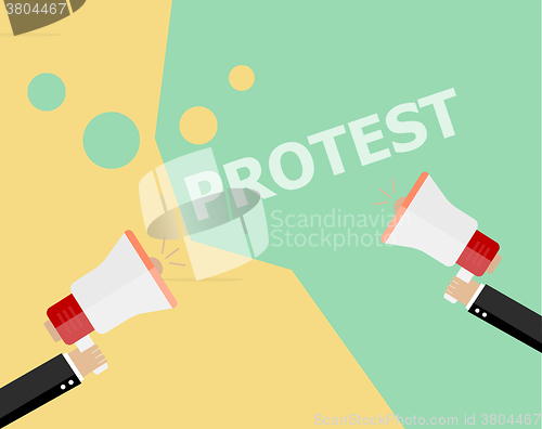 Image of Hands holding protest signs and bullhorn, crowd of people protesters background, political, politic crisis poster, fists, revolution placard concept symbol flat style modern design vector illustration