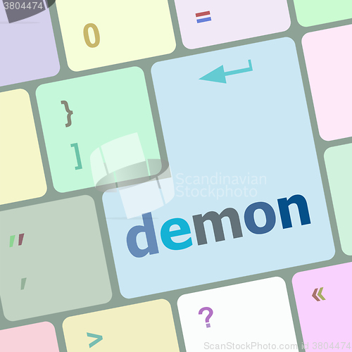 Image of demon word on keyboard key, notebook computer button vector illustration