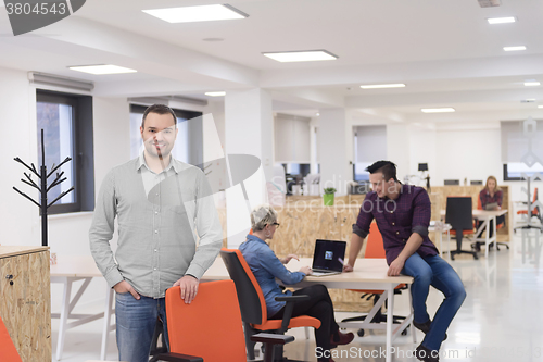 Image of startup business, businessman portrait at modern office, team br