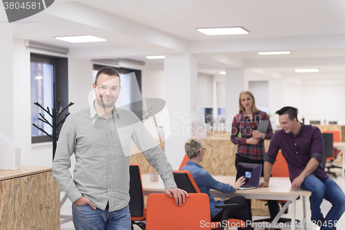 Image of startup business, businessman portrait at modern office, team br