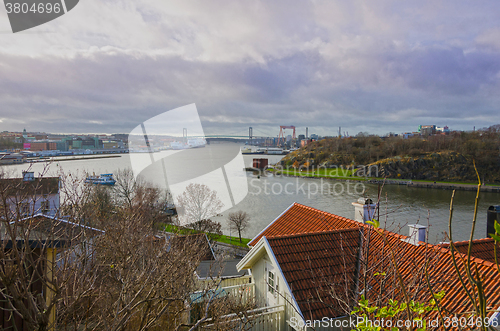 Image of Gothenburg harbour with the river and the boat
