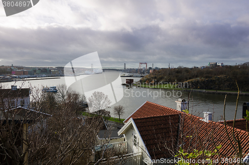 Image of Gothenburg harbour with the river and the boat