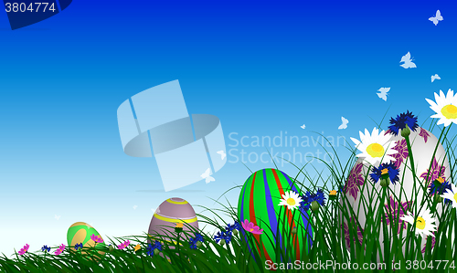 Image of Easter Eggs on Springtime Meadow