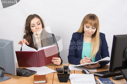 Image of Two business women working in the office with one desk