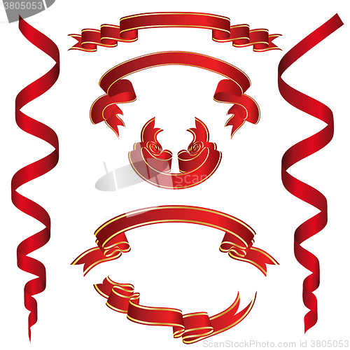 Image of Set of Red Ribbons With Golden Stripes